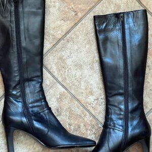 Black leather boots, knee high, 3" heel, lined, zipper, buckle on side, Italy
